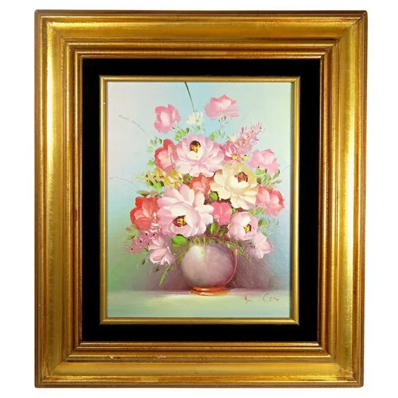 Robert Cox 14x15" Signed Oil Painting Pink Rose Bouquet Vintage Floral Art - Picture 1 of 10